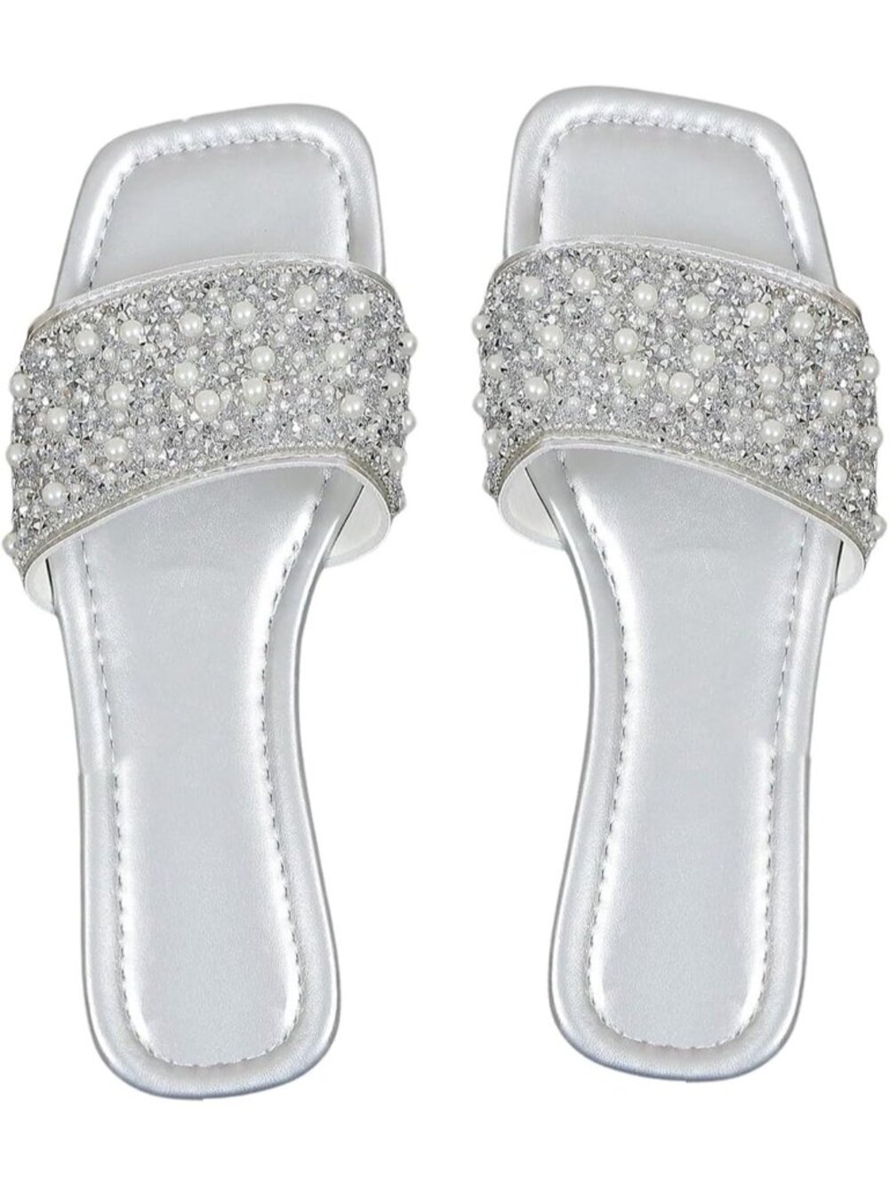 Women's Silver Sparkly Rhinestone Sandal Pearl Boho Summer Square Toe Shoes